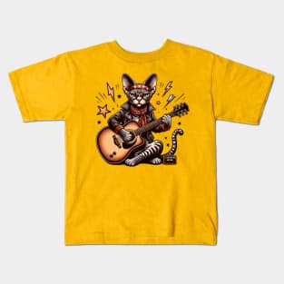 Devon Rex Cat Playing Guitar Kids T-Shirt